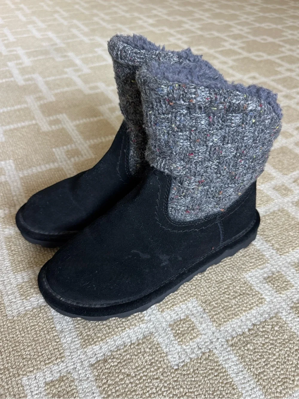 BEARPAW Virginia Suede Knit Shearling Winter Boots Black Size 6